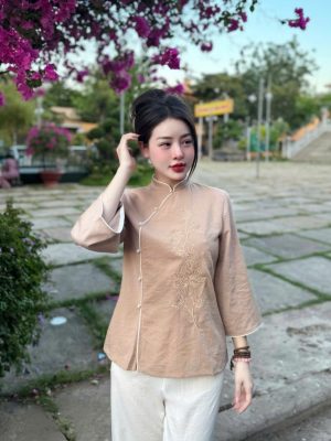 G18 Set cổ tàu cúc ngọc thêu Hoa Cúc vải đũi