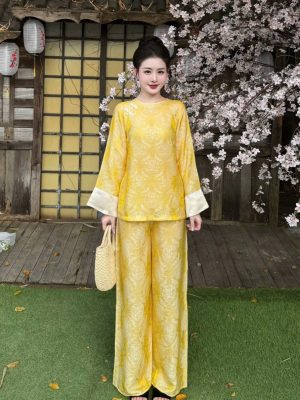 S293 Set Tencel cổ tròn cúc chéo phối gấm