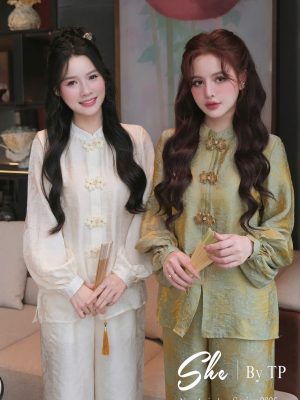 Bộ Cổ Tàu Cúc Tết Tencel Ánh Kim